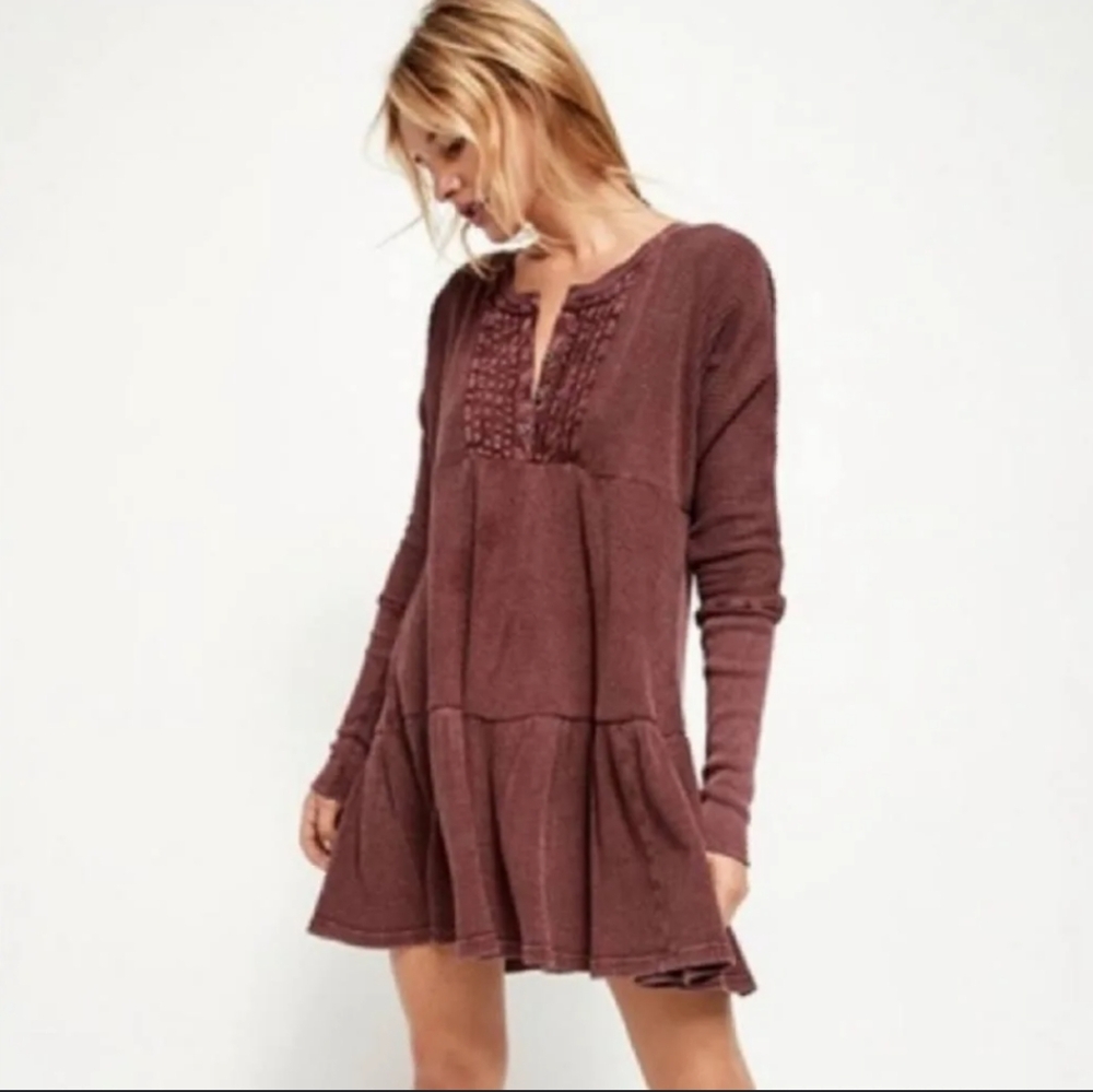 Oversized Free People One Jolene Mini Dress Size XS Waffle  Babydoll Long Sleeve